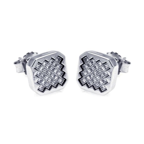 Rhodium Plated 925 Sterling Silver Square Clear CZ Stud  Sterling Silver 925 Rhodium Plated Micro Pave Sun Square Stud Earrings